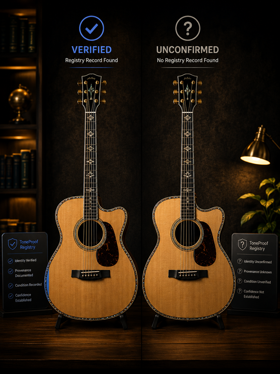 Two premium acoustic guitars shown side by side to represent verified identity and unconfirmed identity