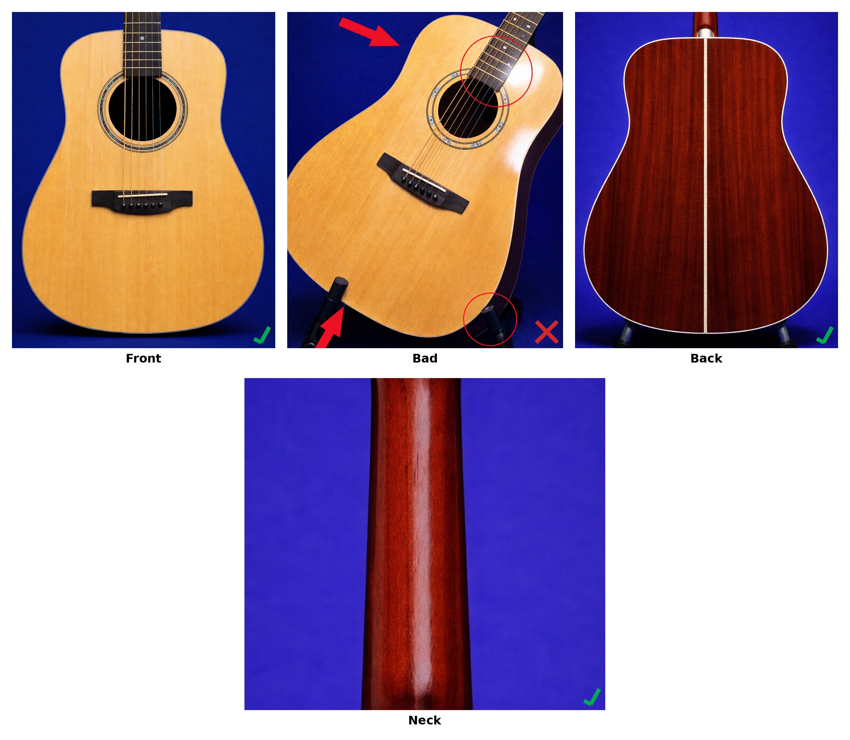 ToneProof photo capture guide showing Front, Bad, Back, and Neck examples.